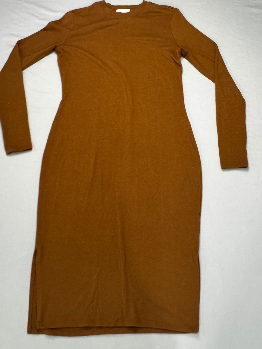 Bella Ella Boutique Women’s S Brown Long Sleeve Midi Bodycon Dress Ribbed